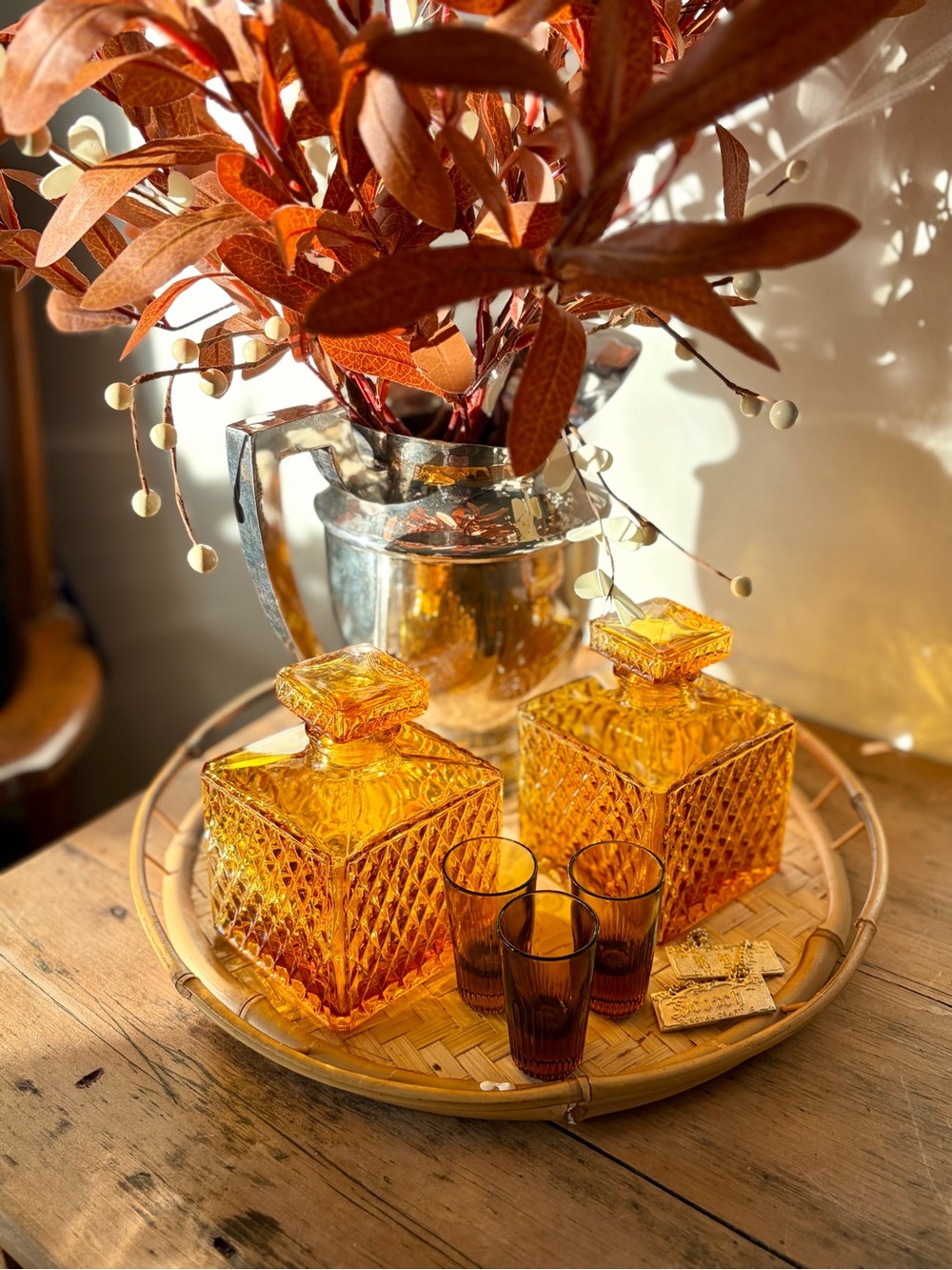 Vintage Amber Glass Decanter Set – Diamond Cut Pattern